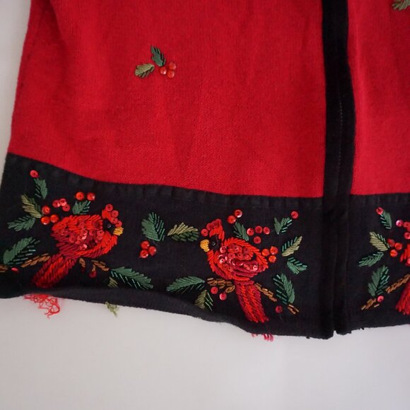 Vintage Tiara Intl Red Black Holly Cardinal Mistletoe Zip Up Christmas Sweater L - Picture 6 of 10